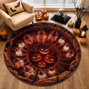 Cute Ghosts Witch in Evil Pumpkin Pit 3D Halloween Optical Illusion Round Rug