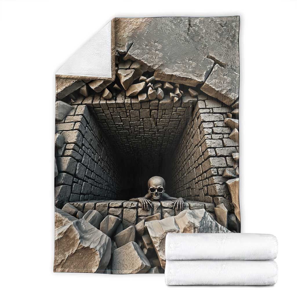 Skeleton Crawling Out of Stone Dungeon Pit 3D Optical Illusion Throw Blanket