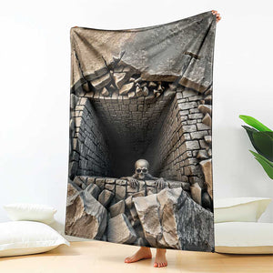 Skeleton Crawling Out of Stone Dungeon Pit 3D Optical Illusion Throw Blanket