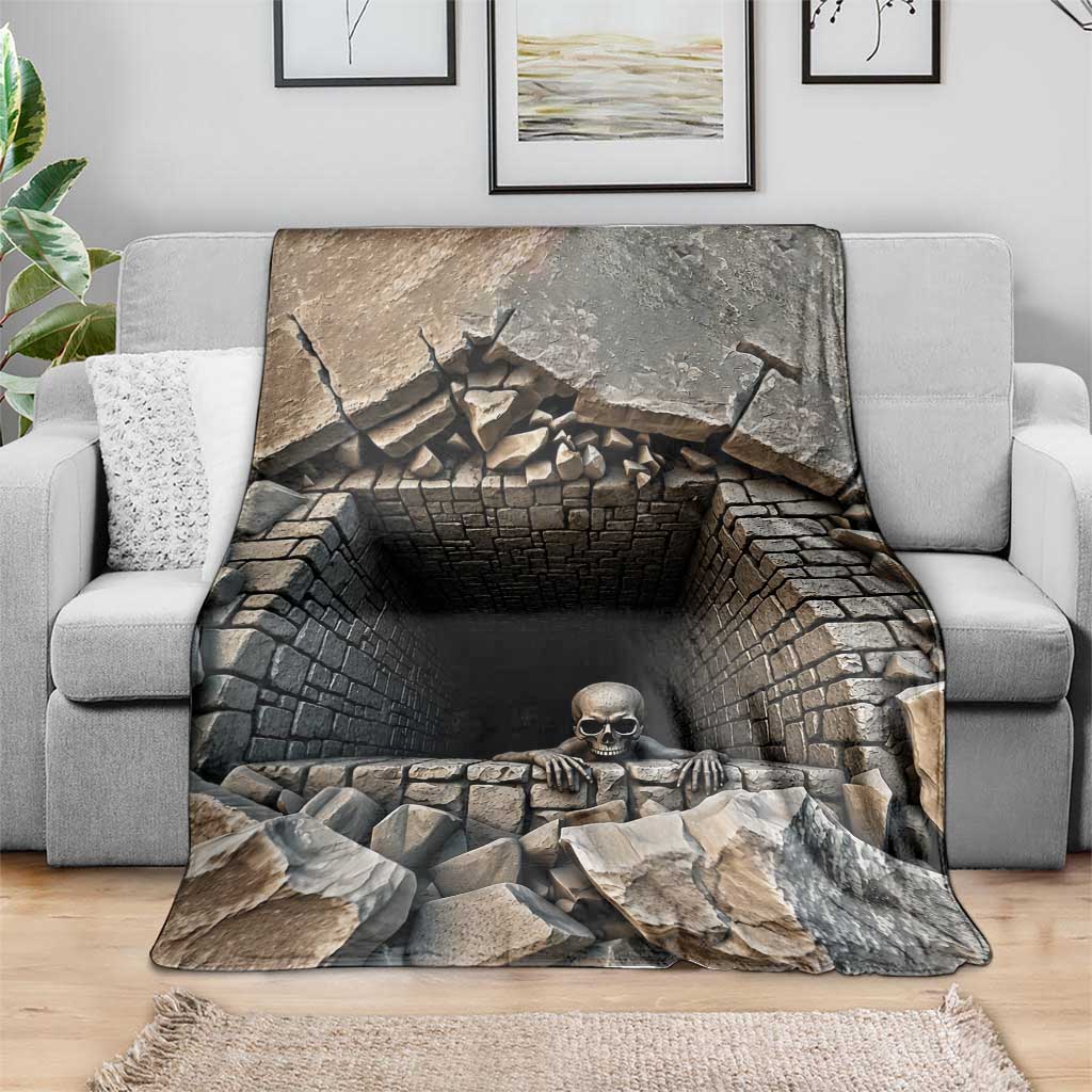 Skeleton Crawling Out of Stone Dungeon Pit 3D Optical Illusion Throw Blanket