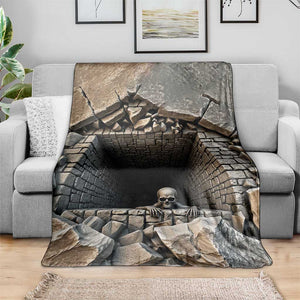 Skeleton Crawling Out of Stone Dungeon Pit 3D Optical Illusion Throw Blanket