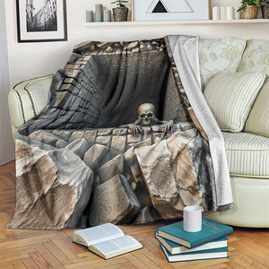 Skeleton Crawling Out of Stone Dungeon Pit 3D Optical Illusion Throw Blanket