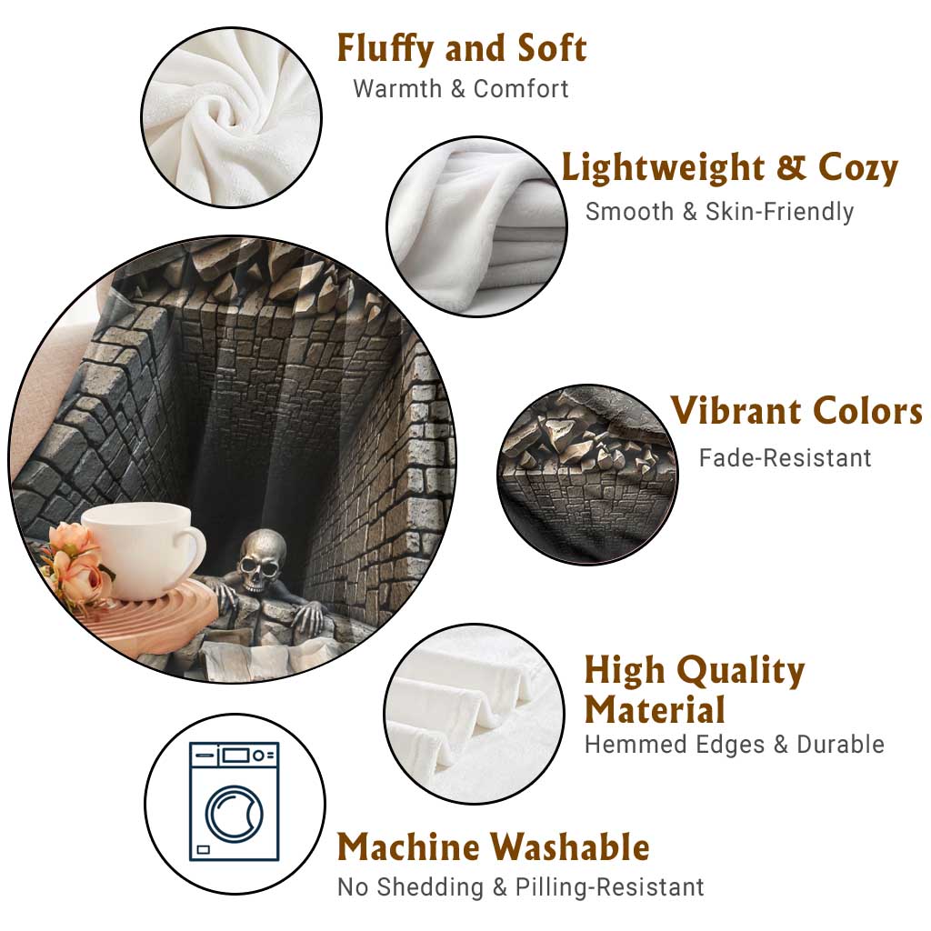 Skeleton Crawling Out of Stone Dungeon Pit 3D Optical Illusion Throw Blanket