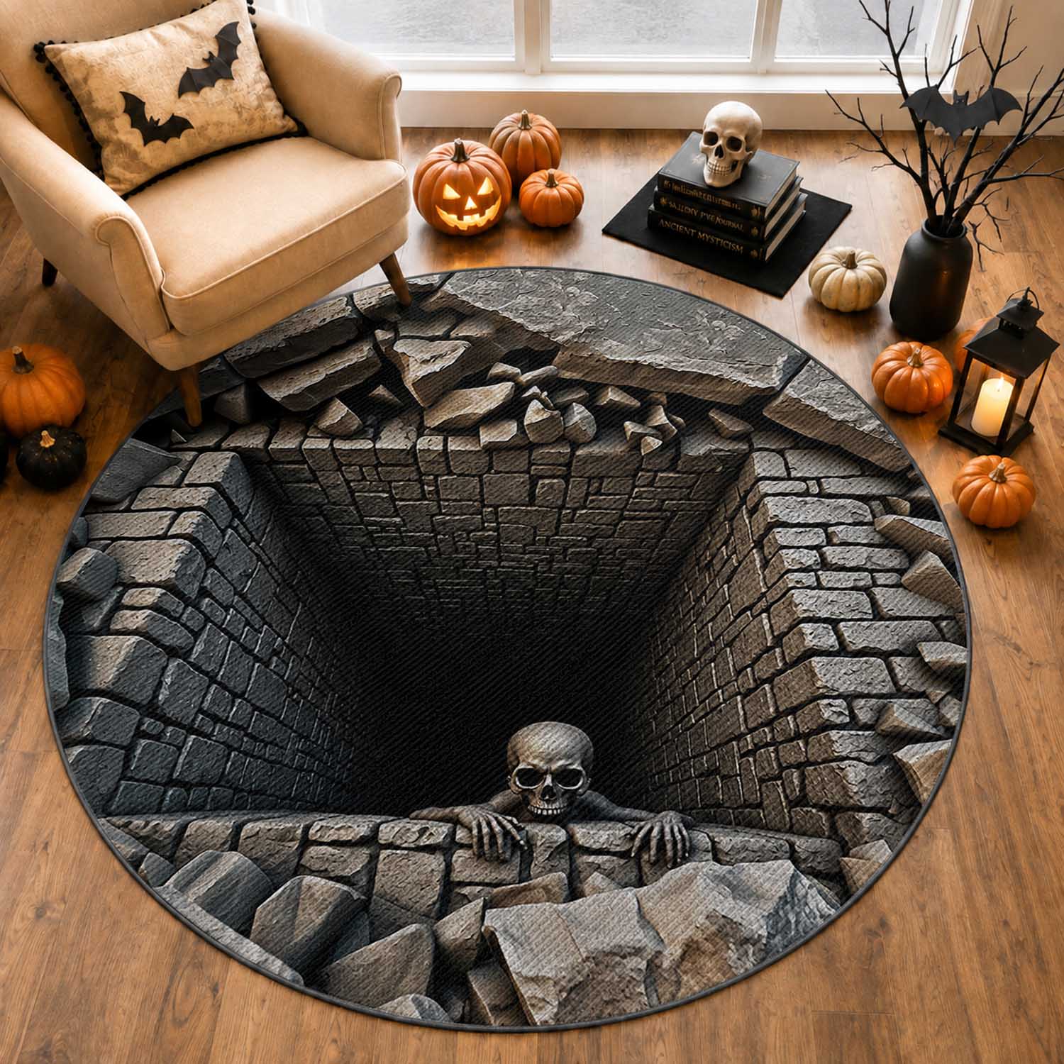 Skeleton Crawling Out of Stone Dungeon Pit 3D Optical Illusion Round Rug