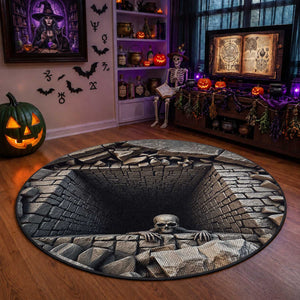 Skeleton Crawling Out of Stone Dungeon Pit 3D Optical Illusion Round Rug
