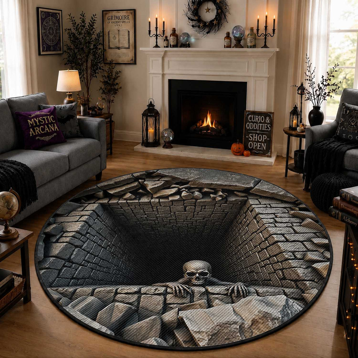 Skeleton Crawling Out of Stone Dungeon Pit 3D Optical Illusion Round Rug