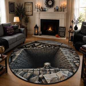 Skeleton Crawling Out of Stone Dungeon Pit 3D Optical Illusion Round Rug