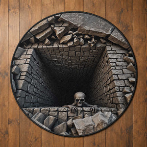 Skeleton Crawling Out of Stone Dungeon Pit 3D Optical Illusion Round Rug