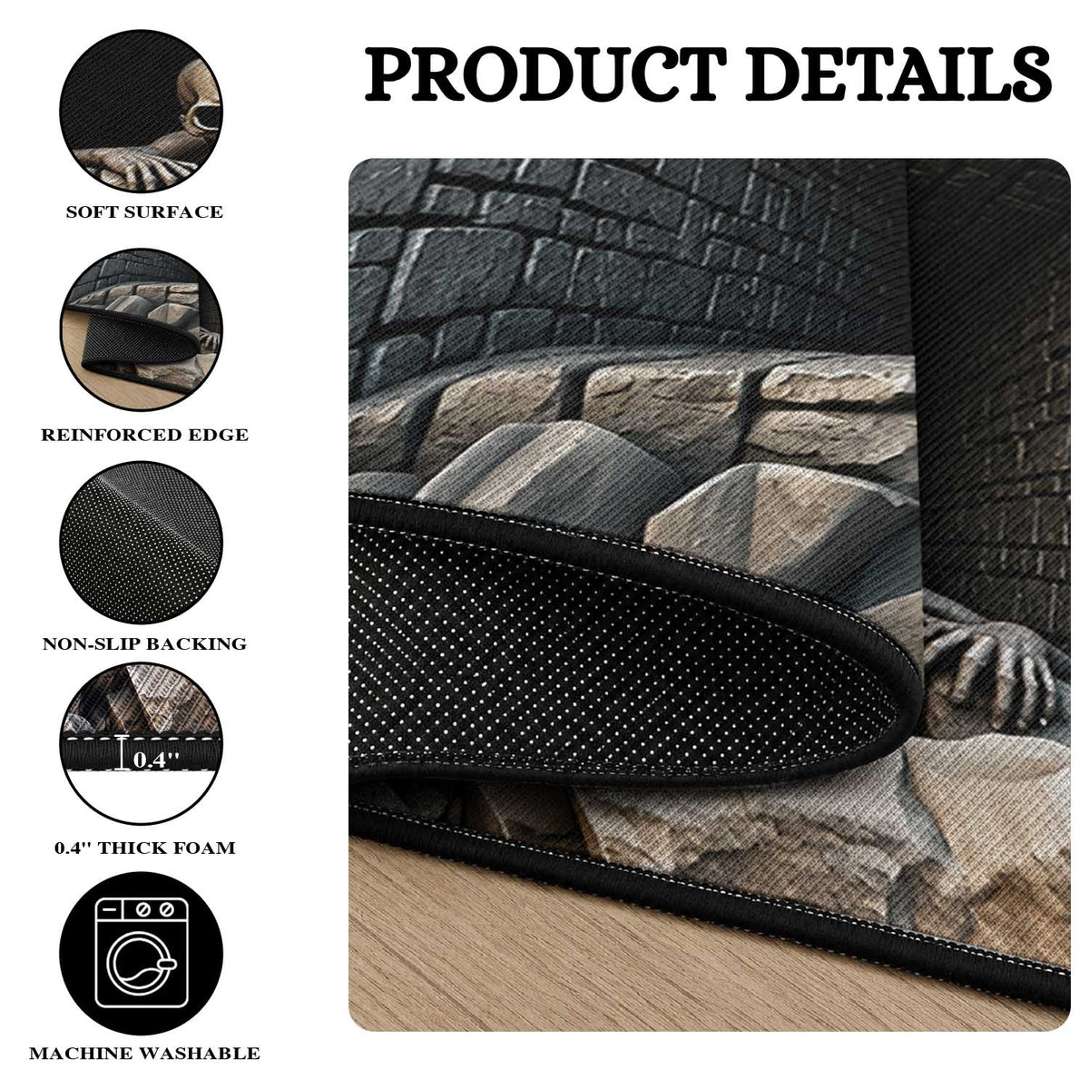 Skeleton Crawling Out of Stone Dungeon Pit 3D Optical Illusion Round Rug
