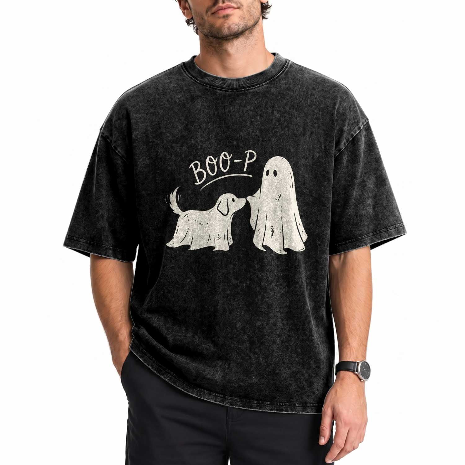 Cute Ghost and Ghost Dog Nose Boop Washed Cotton T-Shirt Spooky Halloween Boo Sheet Dog Lovers
