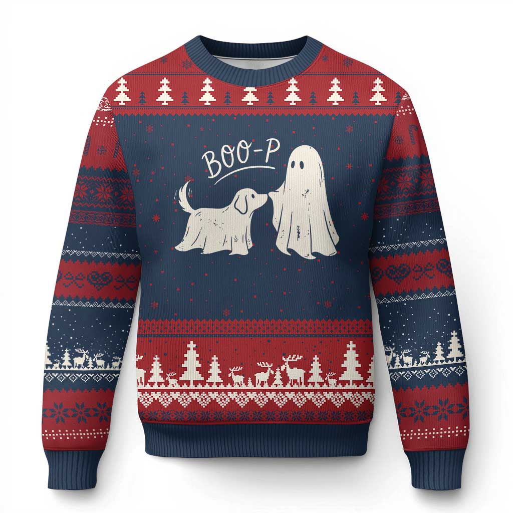 Cute Ghost and Ghost Dog Nose Boop Ugly Christmas Sweater Spooky Halloween Boo Sheet Dog Lovers