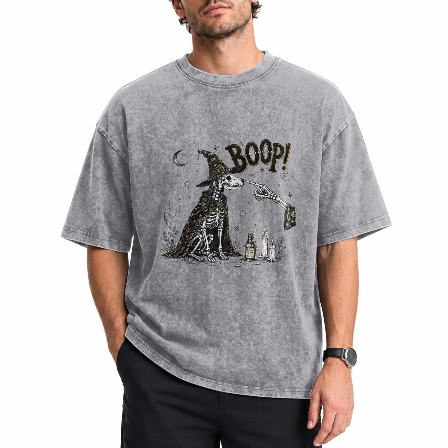 Skeleton Witch Dog Nose Boop Washed Cotton T-Shirt Vintage Halloween Gift for Dog Lovers