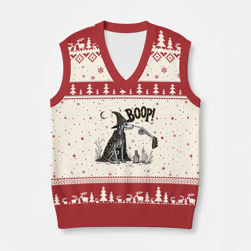 Skeleton Witch Dog Nose Boop V-Neck Knit Sweater Vest Vintage Halloween Gift for Dog Lovers