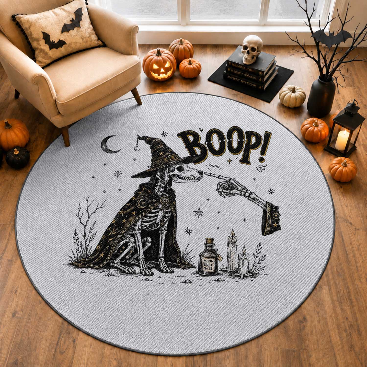 Skeleton Witch Dog Nose Boop Round Rug Vintage Halloween Gift for Dog Lovers