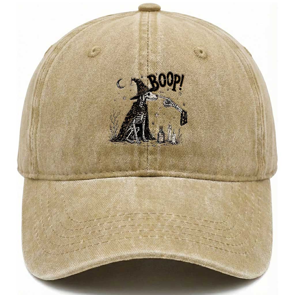 Skeleton Witch Dog Nose Boop Washed Cotton Baseball Cap Vintage Halloween Gift for Dog Lovers