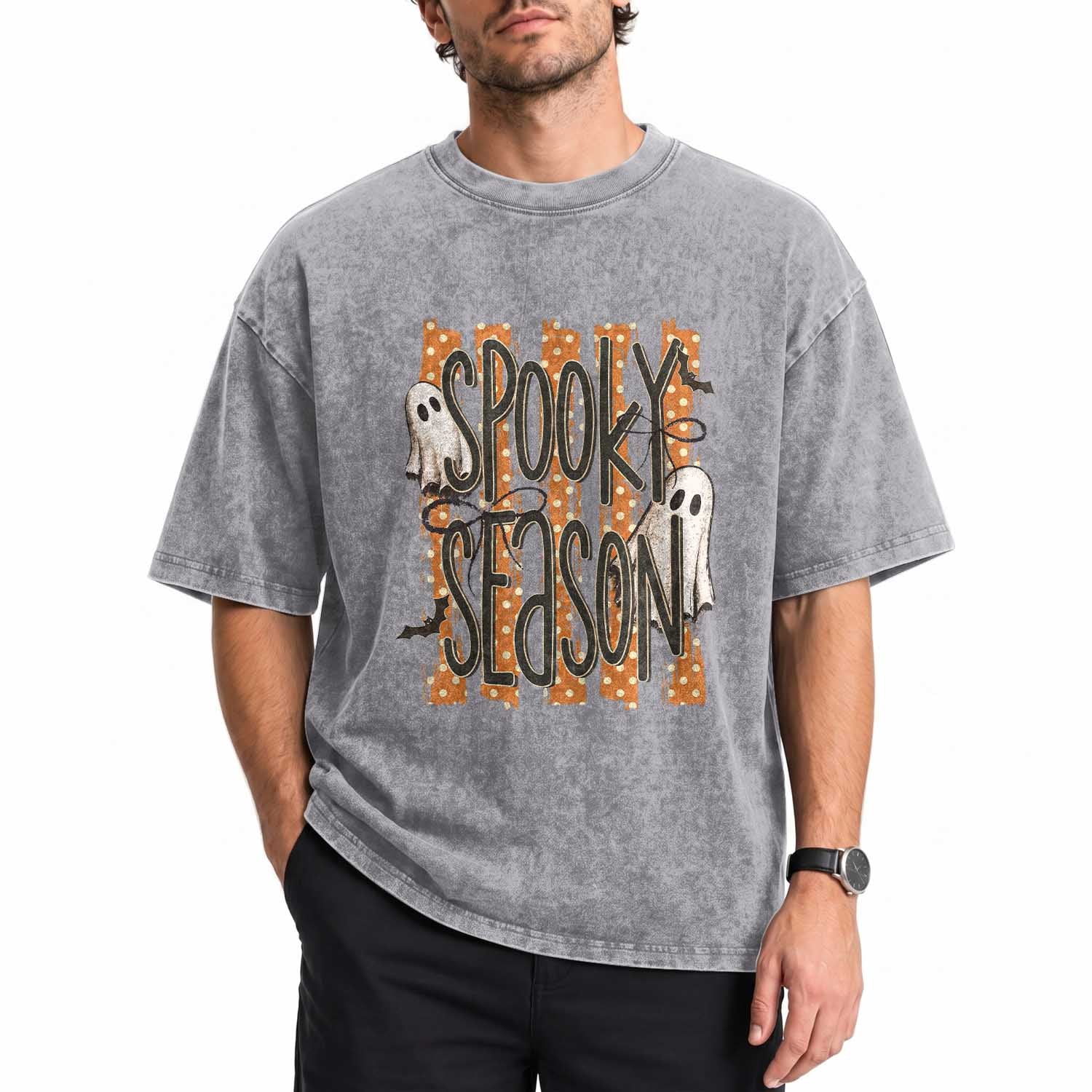 Vintage Spooky Season Ghosts Preppy Aesthetic Washed Cotton T-Shirt Boo Sheets Distressed Orange Stripes Halloween Gift