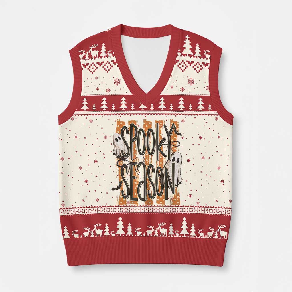 Vintage Spooky Season Ghosts Preppy Aesthetic V-Neck Knit Sweater Vest Boo Sheets Distressed Orange Stripes Halloween Gift