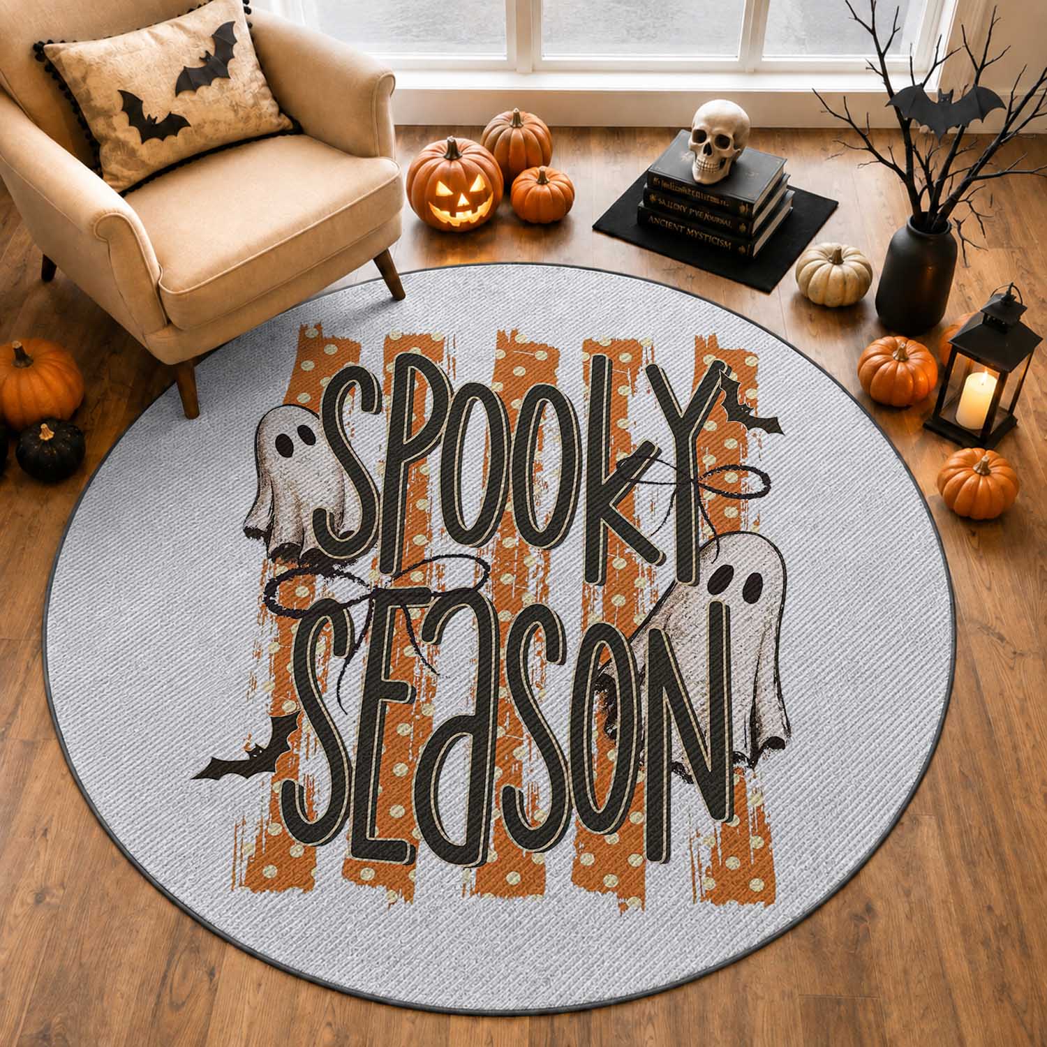 Vintage Spooky Season Ghosts Preppy Aesthetic Round Rug Boo Sheets Distressed Orange Stripes Halloween Gift
