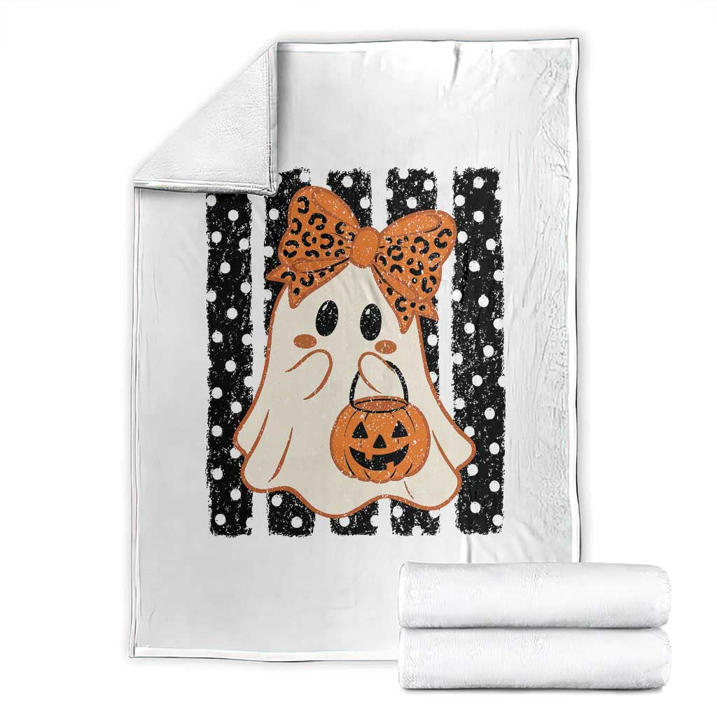 Cute Sheet Ghost with Bow Tie and Pumpkin Bucket Halloween Graphic Throw Blanket