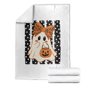 Cute Sheet Ghost with Bow Tie and Pumpkin Bucket Halloween Graphic Throw Blanket