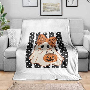 Cute Sheet Ghost with Bow Tie and Pumpkin Bucket Halloween Graphic Throw Blanket