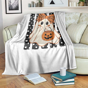 Cute Sheet Ghost with Bow Tie and Pumpkin Bucket Halloween Graphic Throw Blanket