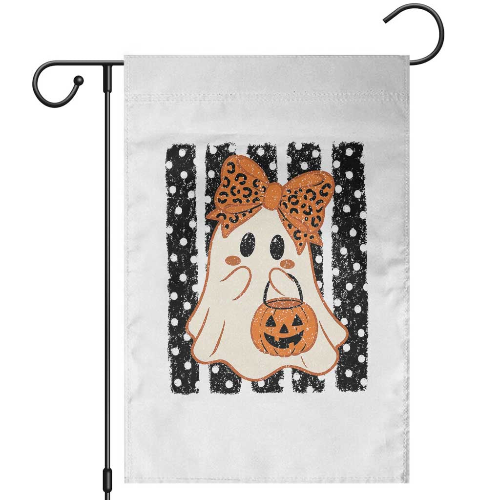Cute Sheet Ghost with Bow Tie and Pumpkin Bucket Halloween Graphic Garden Flag