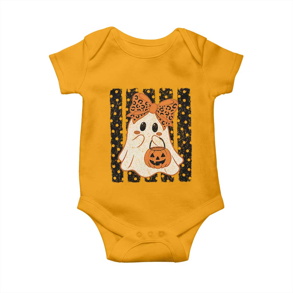 Cute Sheet Ghost with Bow Tie and Pumpkin Bucket Halloween Graphic Baby Onesie