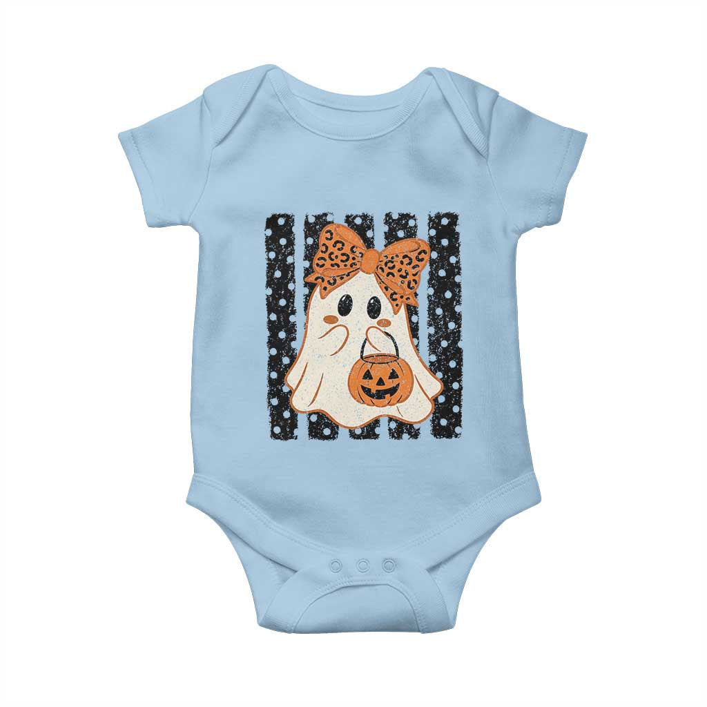 Cute Sheet Ghost with Bow Tie and Pumpkin Bucket Halloween Graphic Baby Onesie