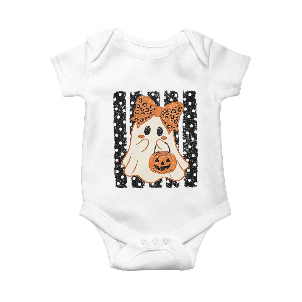 Cute Sheet Ghost with Bow Tie and Pumpkin Bucket Halloween Graphic Baby Onesie