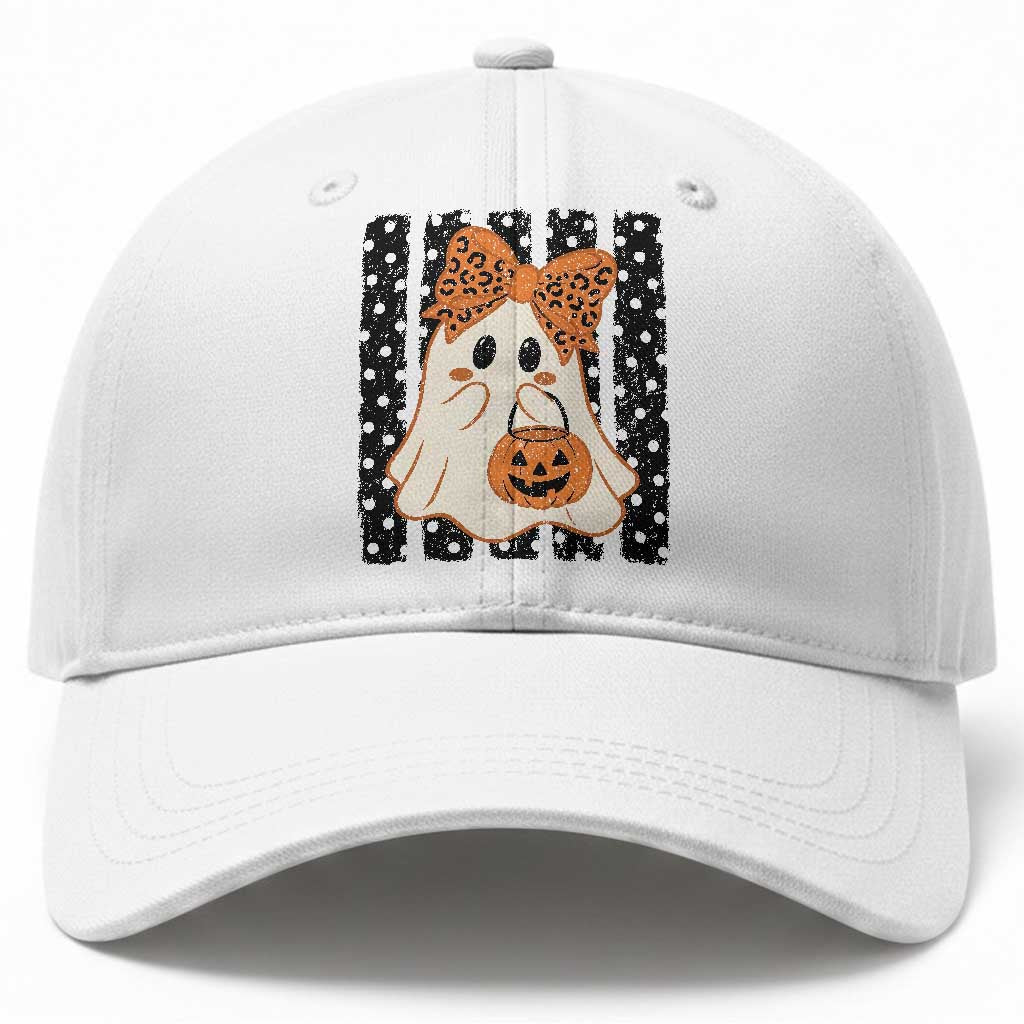 Cute Sheet Ghost with Bow Tie and Pumpkin Bucket Halloween Graphic Baseball Cap