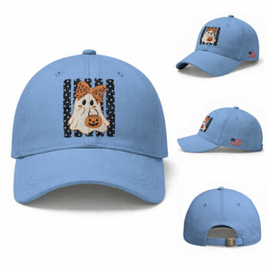 Cute Sheet Ghost with Bow Tie and Pumpkin Bucket Halloween Graphic Baseball Cap