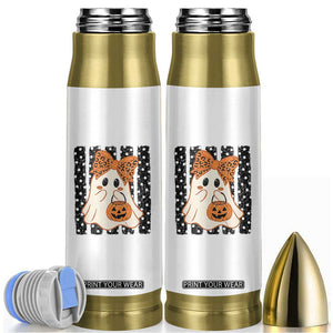 Cute Sheet Ghost with Bow Tie and Pumpkin Bucket Halloween Graphic Bullet Tumbler