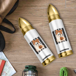 Cute Sheet Ghost with Bow Tie and Pumpkin Bucket Halloween Graphic Bullet Tumbler