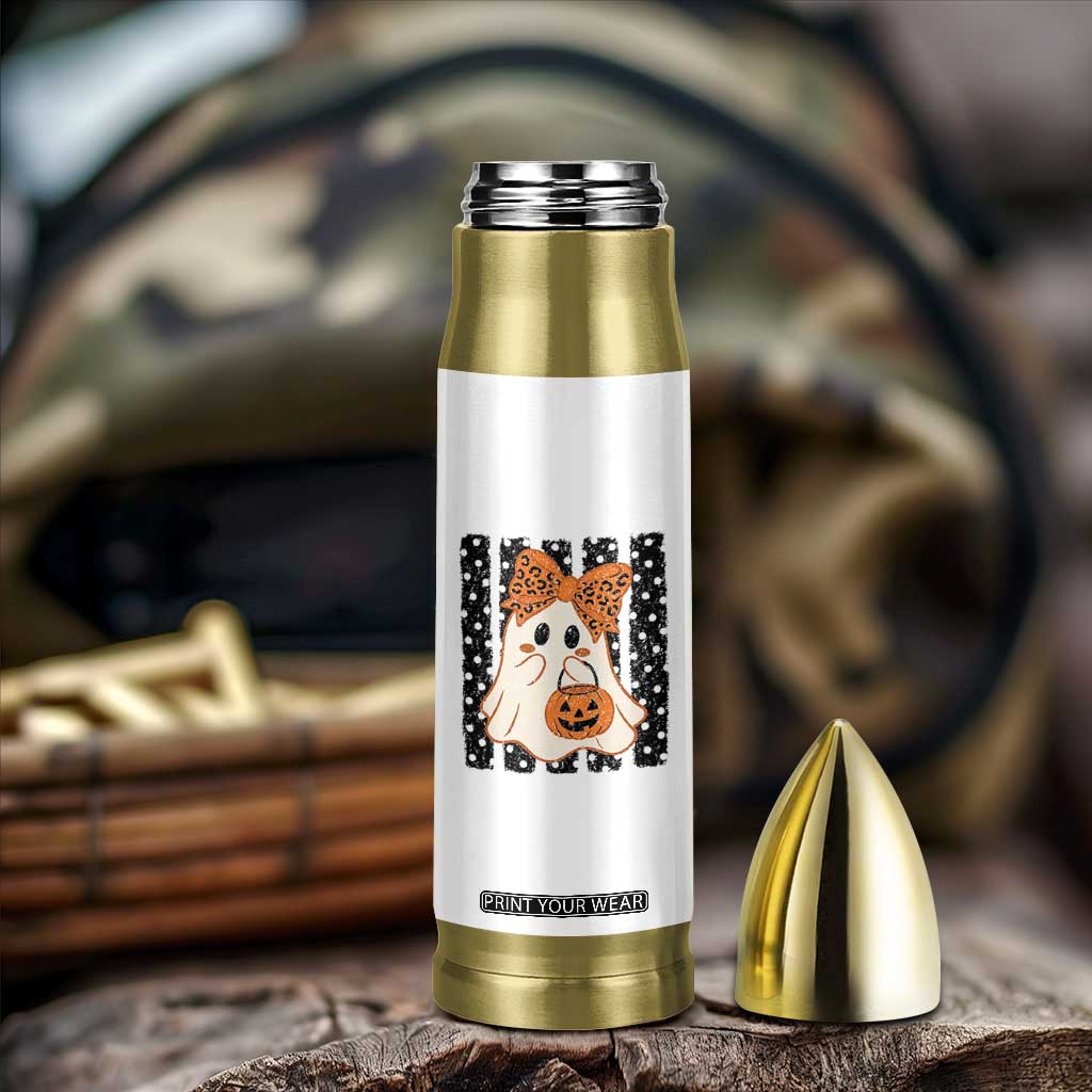 Cute Sheet Ghost with Bow Tie and Pumpkin Bucket Halloween Graphic Bullet Tumbler