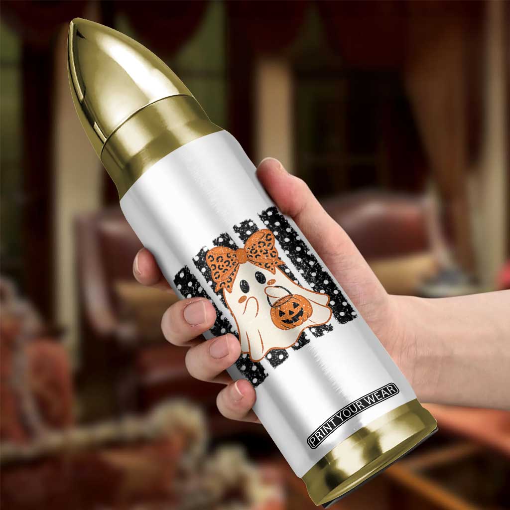 Cute Sheet Ghost with Bow Tie and Pumpkin Bucket Halloween Graphic Bullet Tumbler