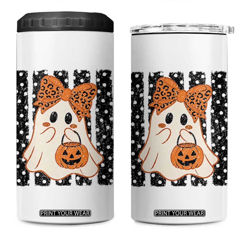 Cute Sheet Ghost with Bow Tie and Pumpkin Bucket Halloween Graphic 4 in 1 Can Cooler Tumbler