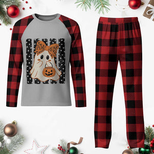 Cute Sheet Ghost with Bow Tie and Pumpkin Bucket Halloween Graphic Plaid Pajama Set