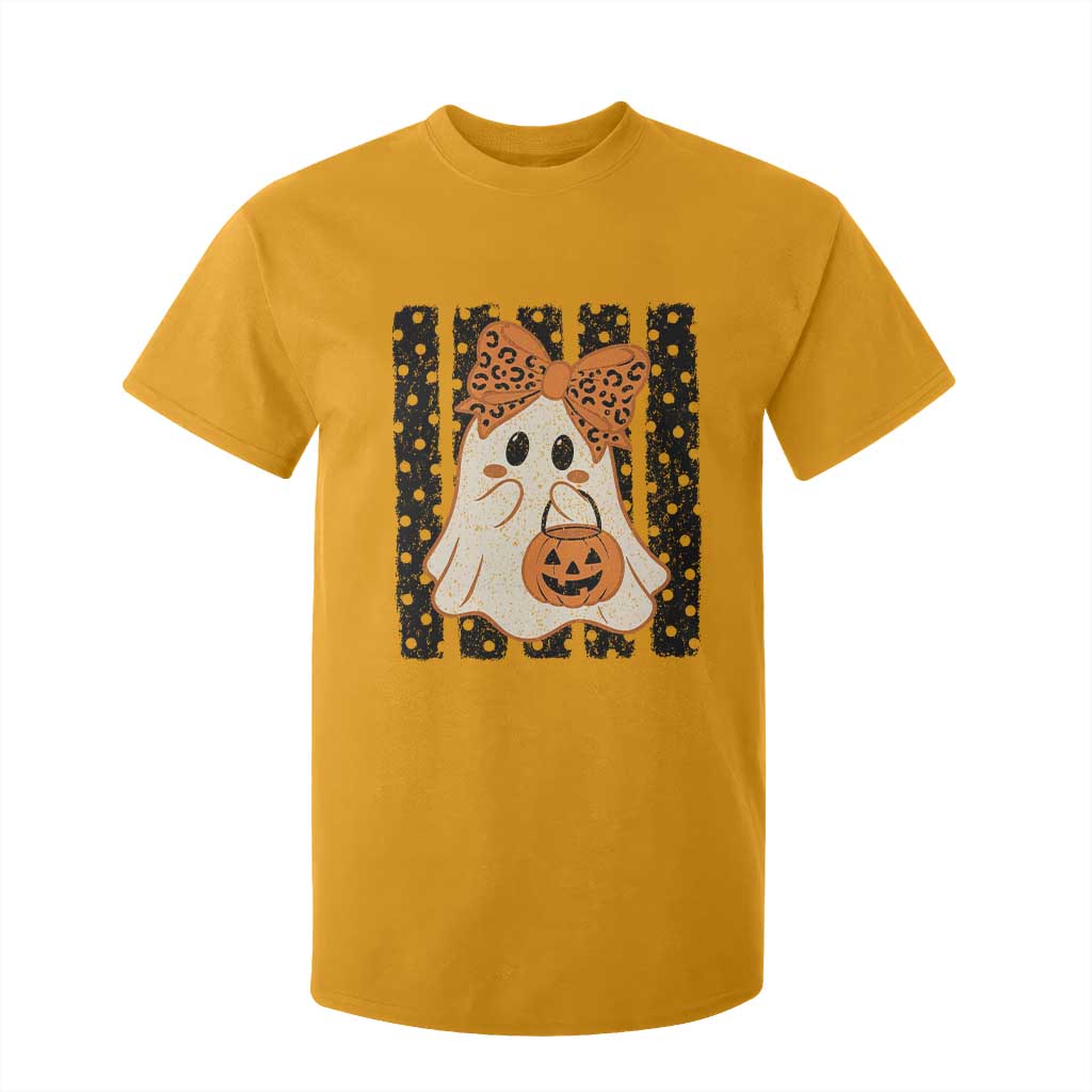 Cute Sheet Ghost with Bow Tie and Pumpkin Bucket Halloween Graphic T Shirt For Kid