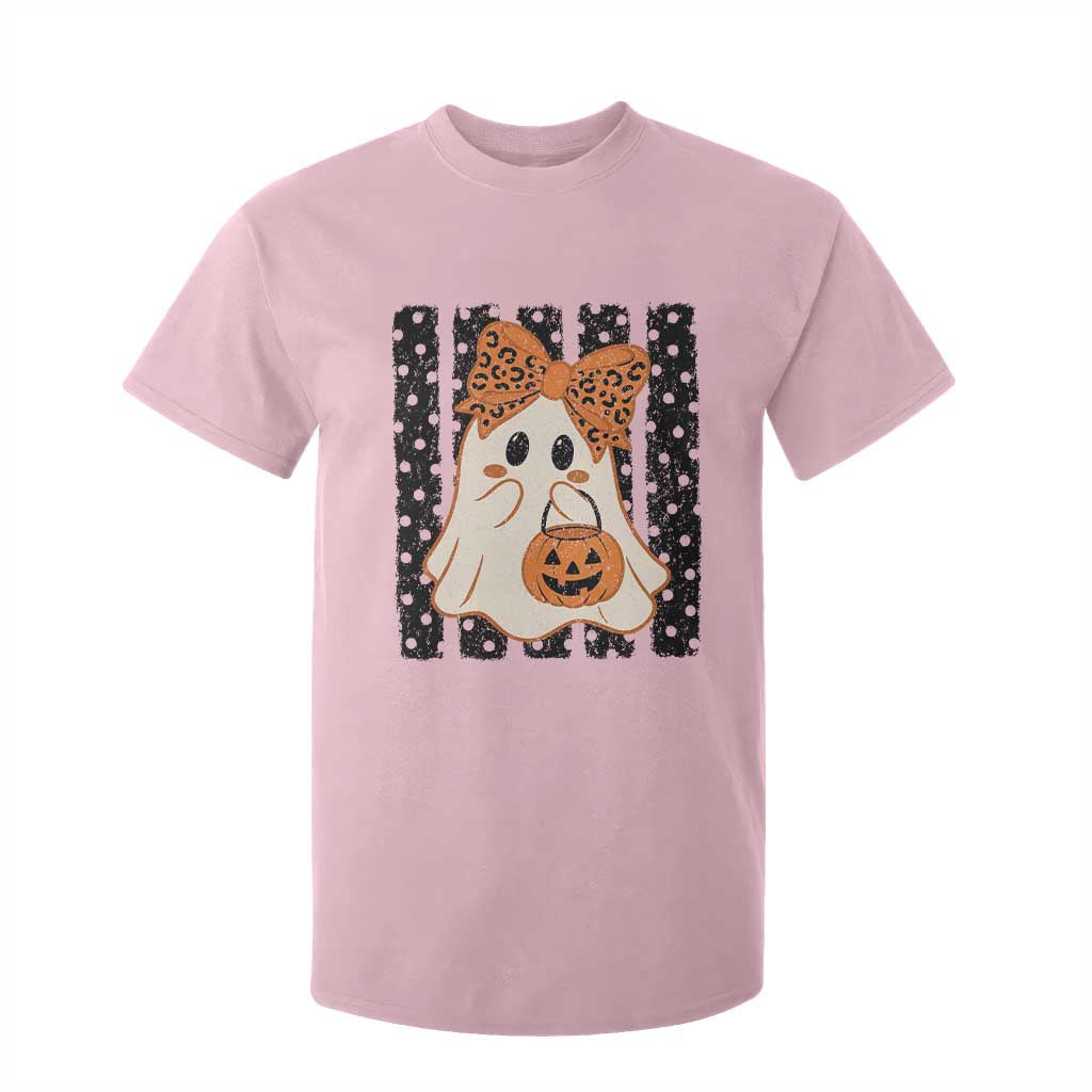 Cute Sheet Ghost with Bow Tie and Pumpkin Bucket Halloween Graphic T Shirt For Kid