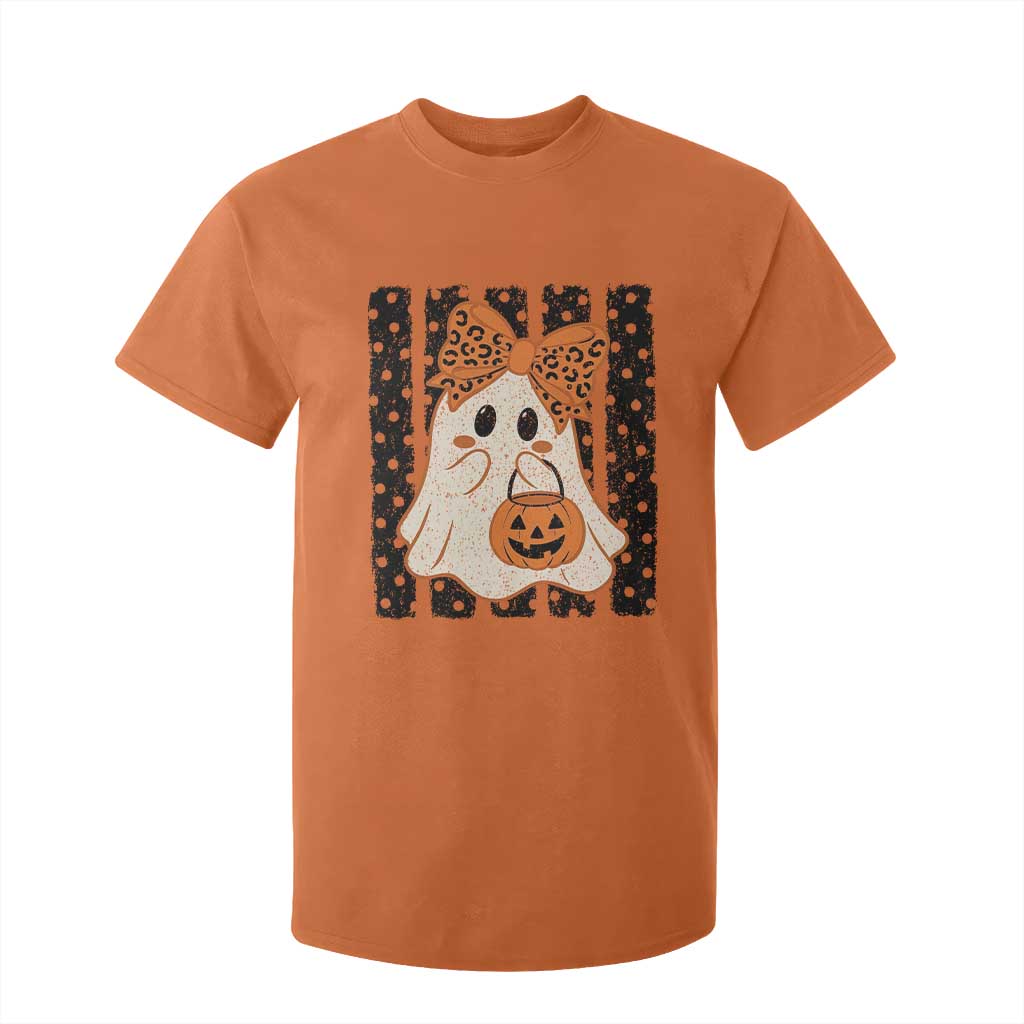 Cute Sheet Ghost with Bow Tie and Pumpkin Bucket Halloween Graphic T Shirt For Kid
