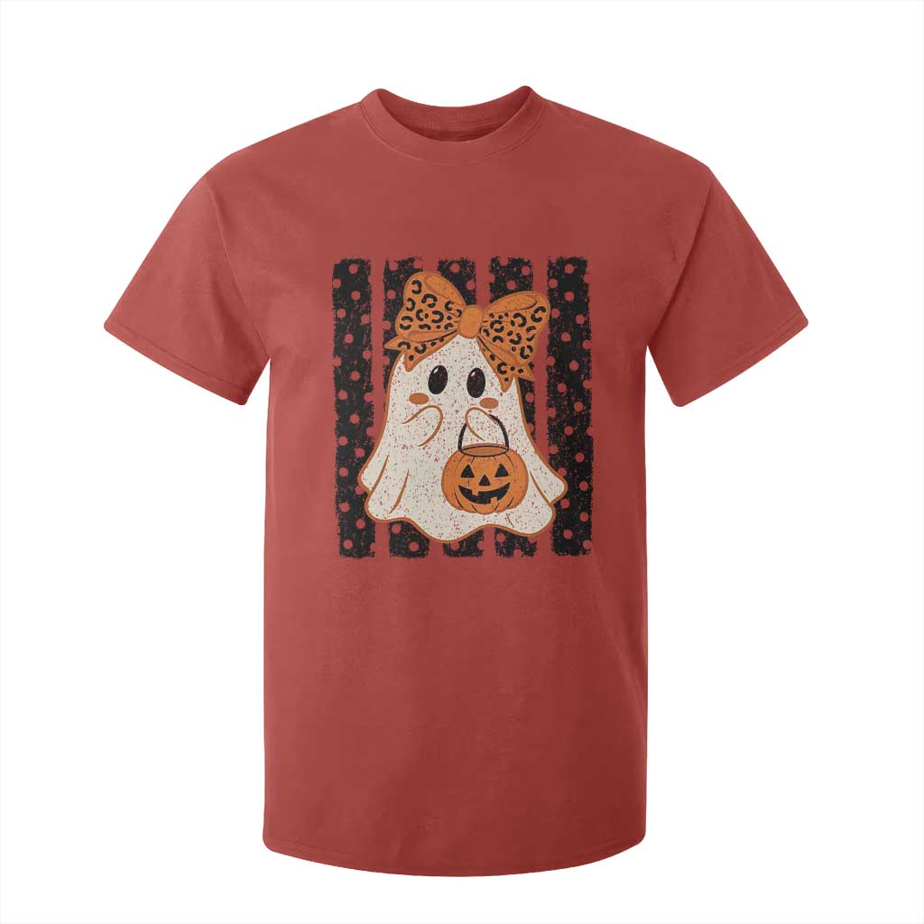 Cute Sheet Ghost with Bow Tie and Pumpkin Bucket Halloween Graphic T Shirt For Kid