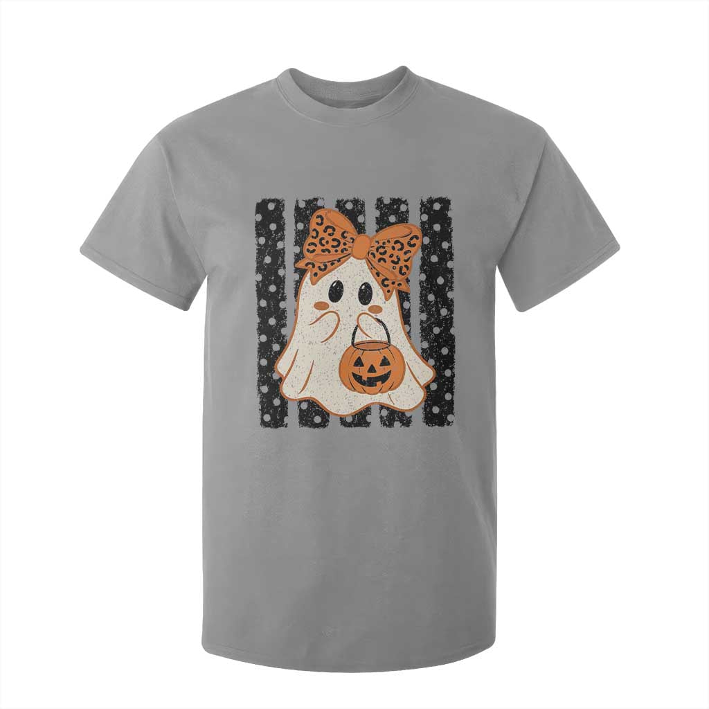 Cute Sheet Ghost with Bow Tie and Pumpkin Bucket Halloween Graphic T Shirt For Kid