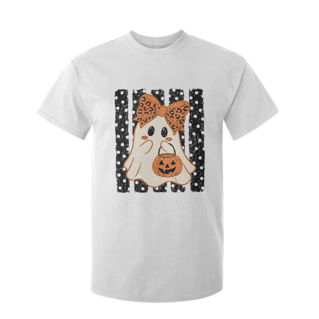 Cute Sheet Ghost with Bow Tie and Pumpkin Bucket Halloween Graphic T Shirt For Kid