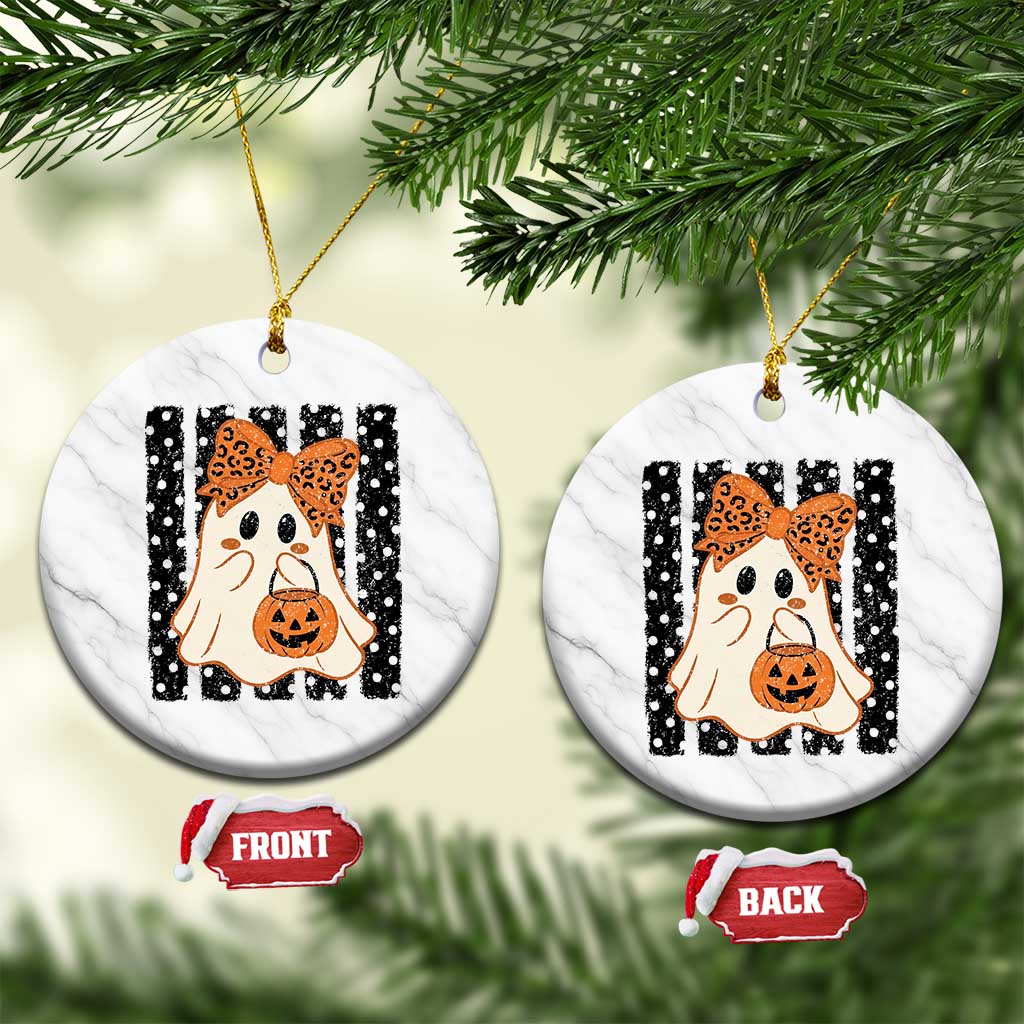 Cute Sheet Ghost with Bow Tie and Pumpkin Bucket Halloween Graphic Ceramic Ornament