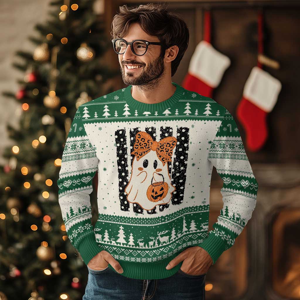Cute Sheet Ghost with Bow Tie and Pumpkin Bucket Halloween Graphic Ugly Christmas Sweater
