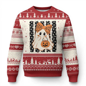 Cute Sheet Ghost with Bow Tie and Pumpkin Bucket Halloween Graphic Ugly Christmas Sweater
