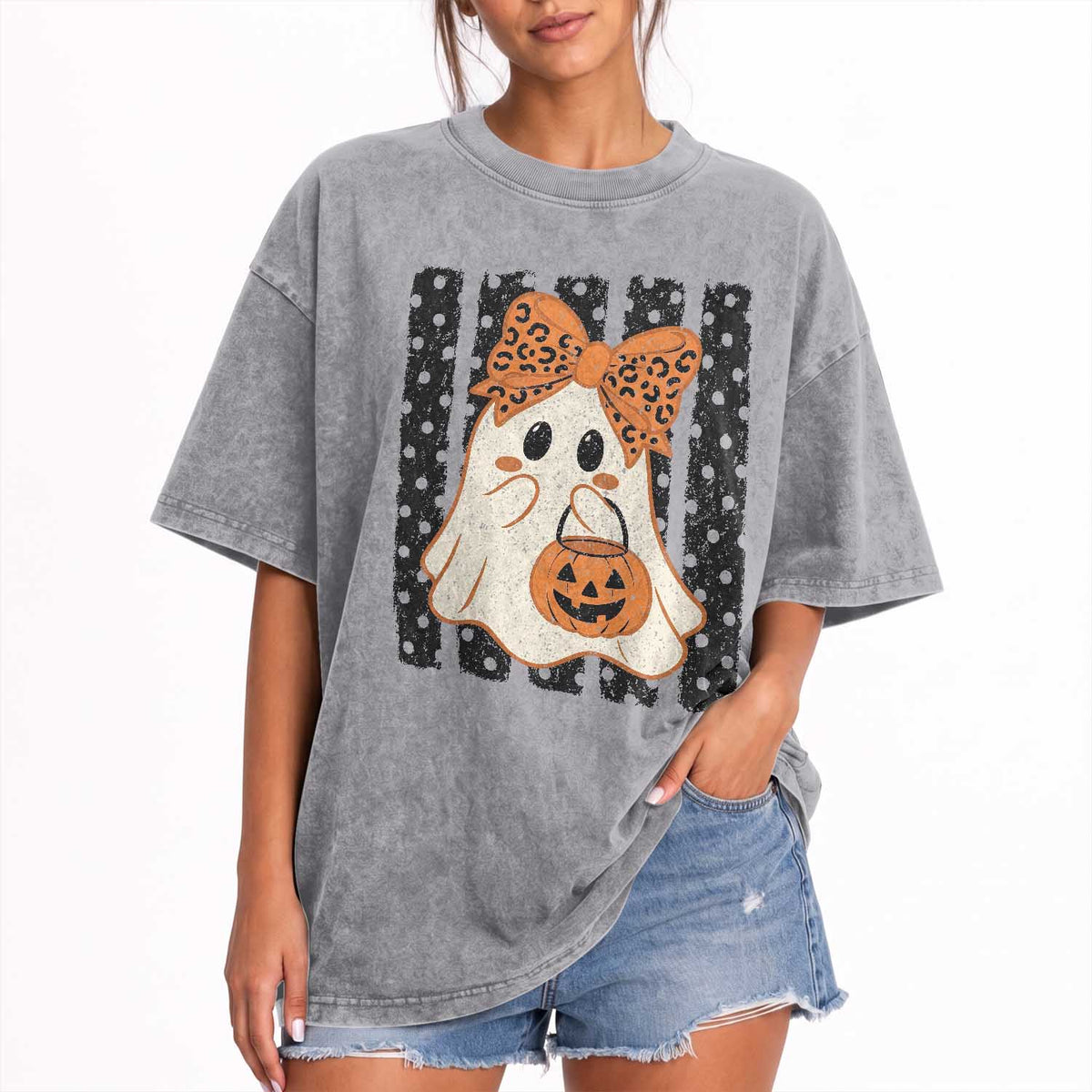 Cute Sheet Ghost with Bow Tie and Pumpkin Bucket Halloween Graphic Washed Cotton T-Shirt