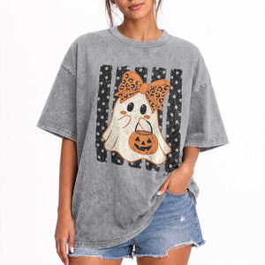 Cute Sheet Ghost with Bow Tie and Pumpkin Bucket Halloween Graphic Washed Cotton T-Shirt