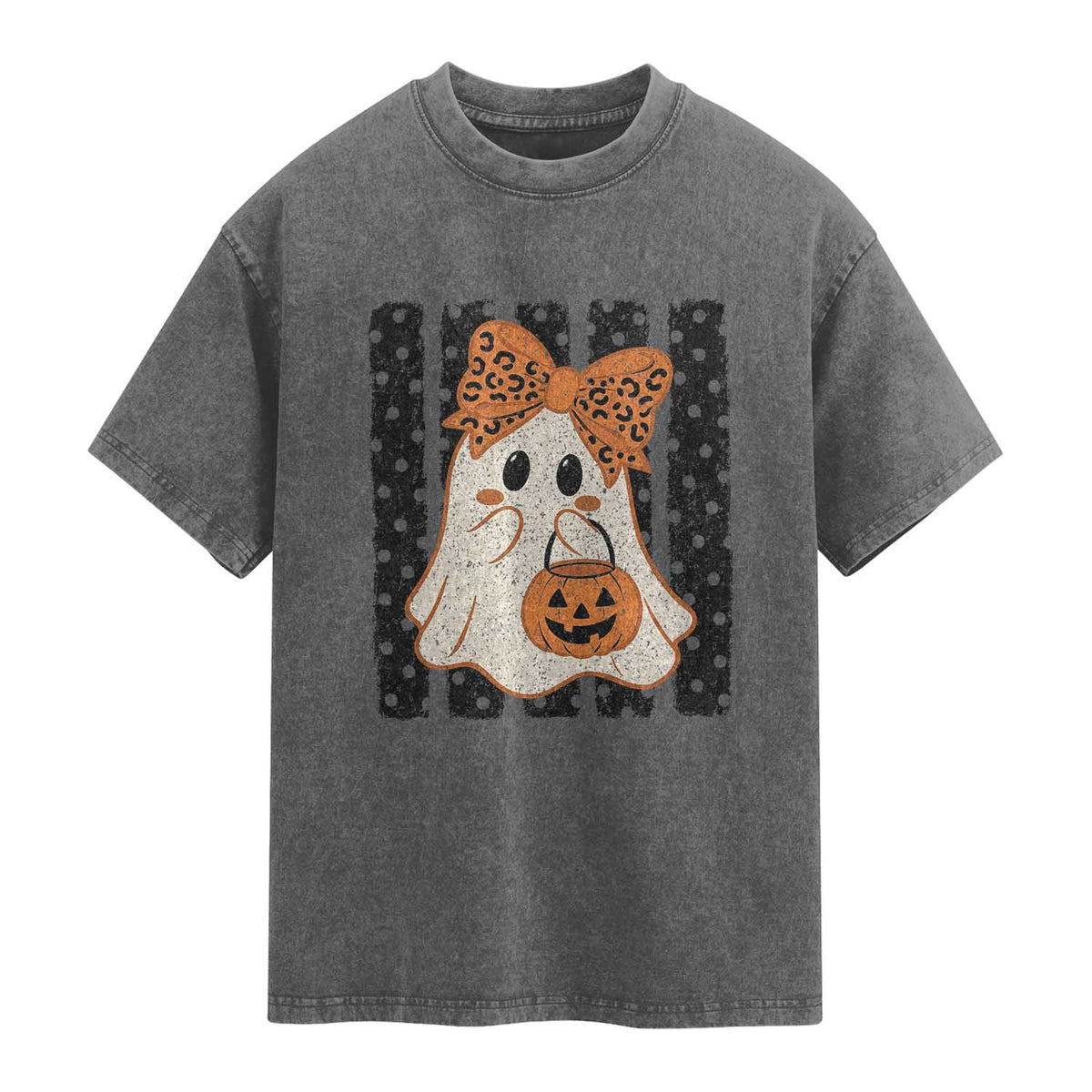 Cute Sheet Ghost with Bow Tie and Pumpkin Bucket Halloween Graphic Washed Cotton T-Shirt